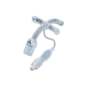 Clear plastic tracheostomy tube with cuff and inflation line on white background