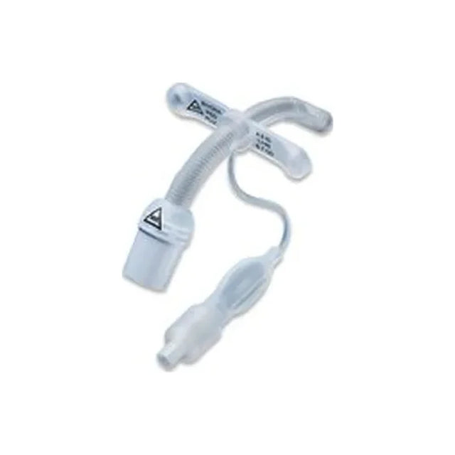 Clear plastic tracheostomy tube with cuff and inflation line on white background