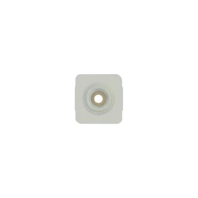 Square adhesive medical ostomy barrier with central opening on white background