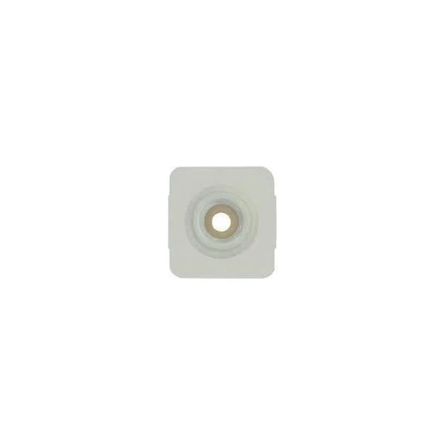 Square adhesive medical ostomy barrier with central opening on white background