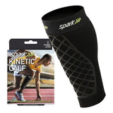 Black kinetic calf compression sleeve with grid support pattern and retail packaging