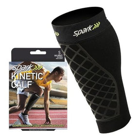 Black kinetic calf compression sleeve with grid support pattern and retail packaging