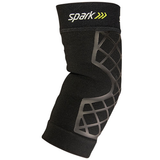 Black compression elbow sleeve with geometric pattern and spark logo for joint support