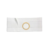 White ostomy belt with adjustable elastic and central ring for medical use