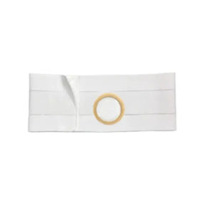 White ostomy belt with adjustable elastic and central ring for medical use
