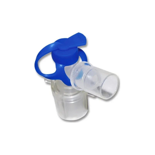 Medical nebulizer cup with blue lid and clear mouthpiece on white background