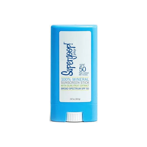 Blue Supergoop mineral sunscreen stick SPF 50 with olive fruit extract on white background