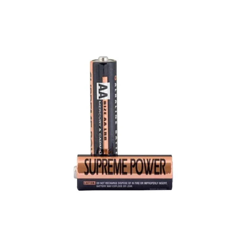 Two AA alkaline batteries labeled Supreme Power, standing and lying on white background