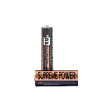 Two AA alkaline batteries labeled Supreme Power, standing and lying on white background