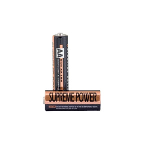Two AA alkaline batteries labeled Supreme Power, standing and lying on white background