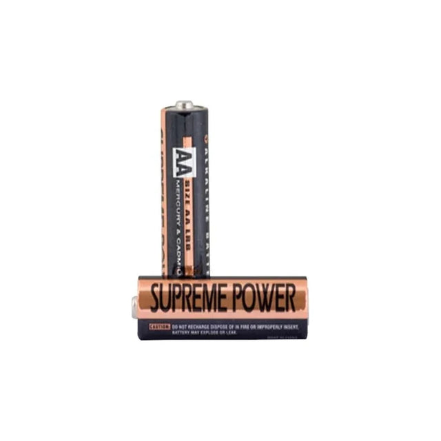 Two AA alkaline batteries labeled Supreme Power, standing and lying on white background