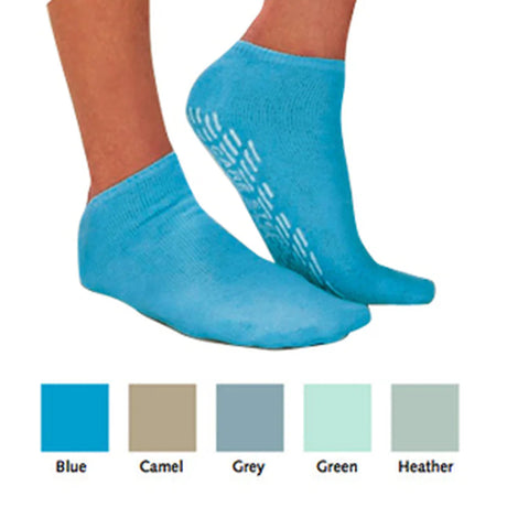 Blue non-slip grip socks on feet, with swatch options in blue, camel, grey, green, and heather.