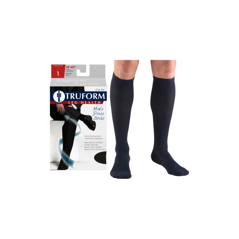 Men's black knee-high compression socks with packaging, suitable for circulation support