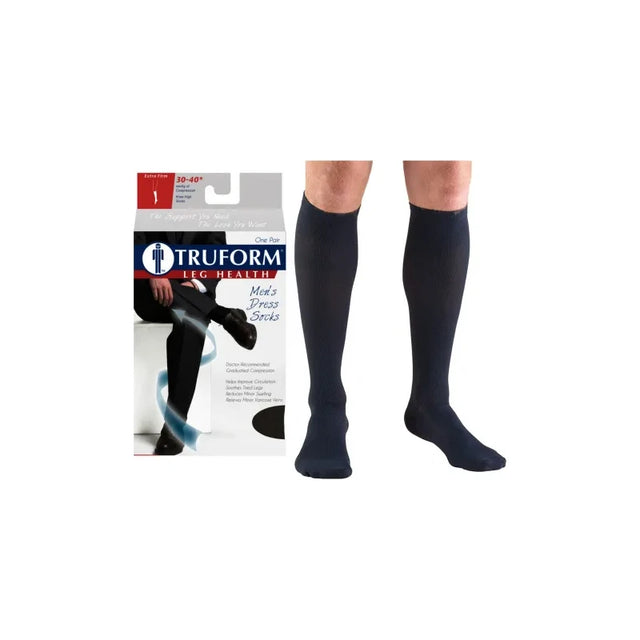 Men's black knee-high compression socks with packaging, suitable for circulation support