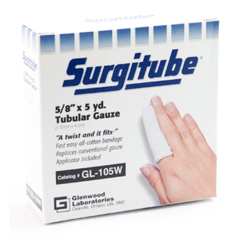 Surgitube 5/8 x 5 yd tubular gauze box with a finger bandaged in white gauze