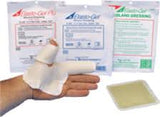 Hydrogel wound dressings and gel pad shown with bandaged hand, medical supplies display