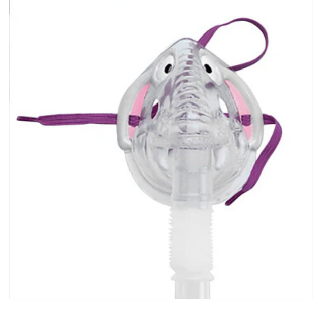 Pediatric nebulizer mask with purple strap and animal design for respiratory therapy