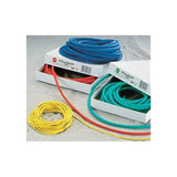 Colorful resistance exercise bands in blue, red, yellow, and green on display boxes.