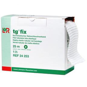 Box of highly elastic tubular net bandage with white netting extending out