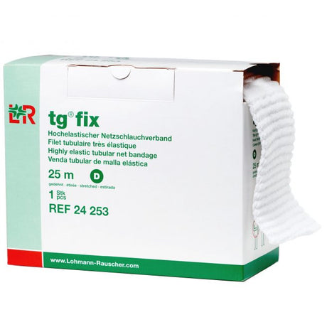 Box of highly elastic tubular net bandage with white netting extending out