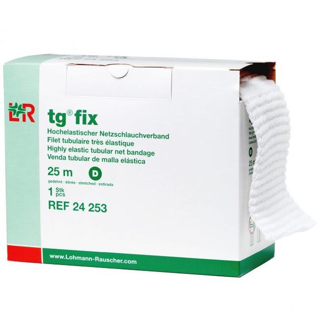 Box of highly elastic tubular net bandage with white netting extending out