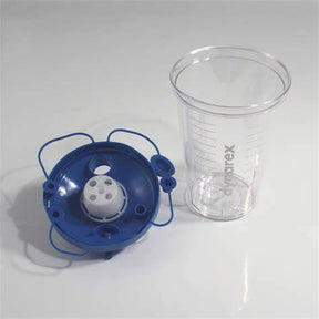 Dynarex disposable medicine cup and blue medical nebulizer kit on white background
