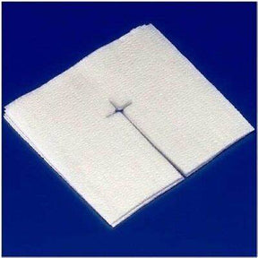 Sterile split gauze pad for medical wound care on a blue background