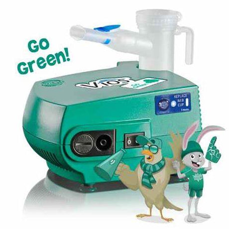 Green medical nebulizer machine with animated bird and bunny mascots, text Go Green.