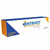 Entrust Ostomy Care stoma paste box with blue, orange, and white design, contains pectin.