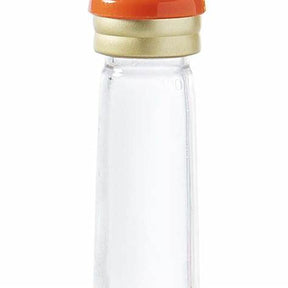 Close-up of a glass medical vial with orange and gold cap for injectable medication