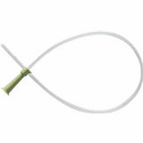 Sterile intermittent urinary catheter with green connector on a white background