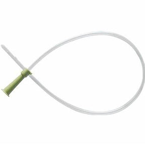 Sterile intermittent urinary catheter with green connector on a white background