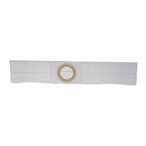 White medical ostomy belt with adjustable band and central circular opening for stoma support