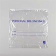 Clear plastic personal belongings bag with labeled sections for name and room