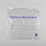 Clear plastic personal belongings bag with labeled sections for name and room