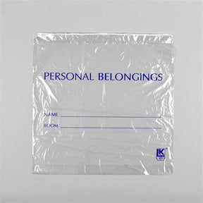 Clear plastic personal belongings bag with labeled sections for name and room