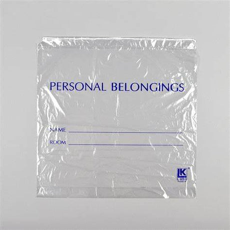 Clear plastic personal belongings bag with labeled sections for name and room