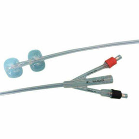 Dual balloon silicone Foley catheter with colored valve tips on white background