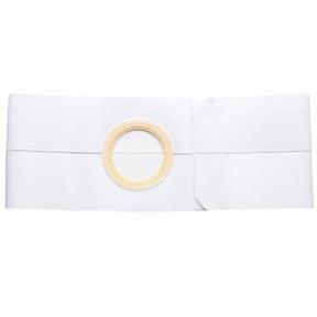 White adjustable ostomy belt with central stoma opening for medical support