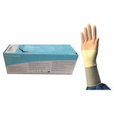 Sterile surgical glove with protective cuff next to blue medical glove box