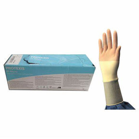 Sterile surgical glove with protective cuff next to blue medical glove box