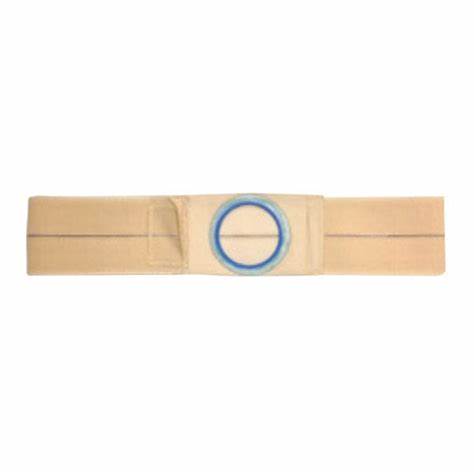Beige ostomy belt with round blue-lined stoma opening for medical support