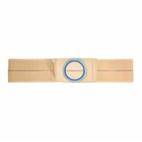 Beige ostomy belt with round blue-lined stoma opening for medical support