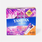 Box of Tampax Radiant unscented tampons, super plus absorbency, 28 count, on white background