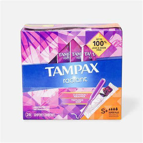 Box of Tampax Radiant unscented tampons, super plus absorbency, 28 count, on white background