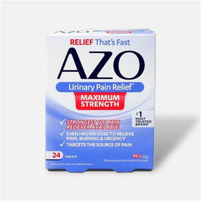 AZO Urinary Pain Relief Maximum Strength box with 24 tablets, UTI pain reliever packaging.