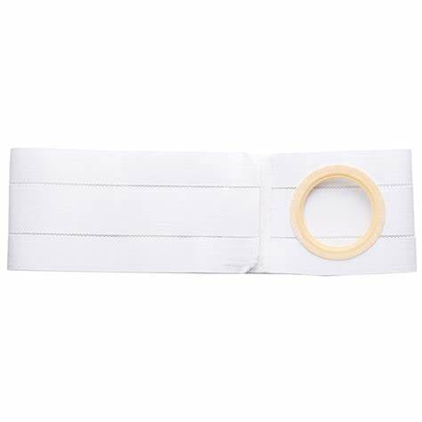 white ostomy belt with circular opening for medical support and secure pouch attachment