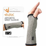 Arthritis wrist sleeve on hand, gray fabric, packaging showing product features.