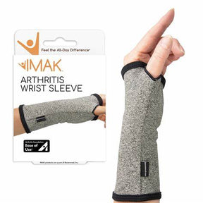 Arthritis wrist sleeve on hand, gray fabric, packaging showing product features.