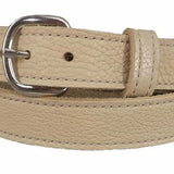 Beige textured leather belt with silver buckle, close-up view